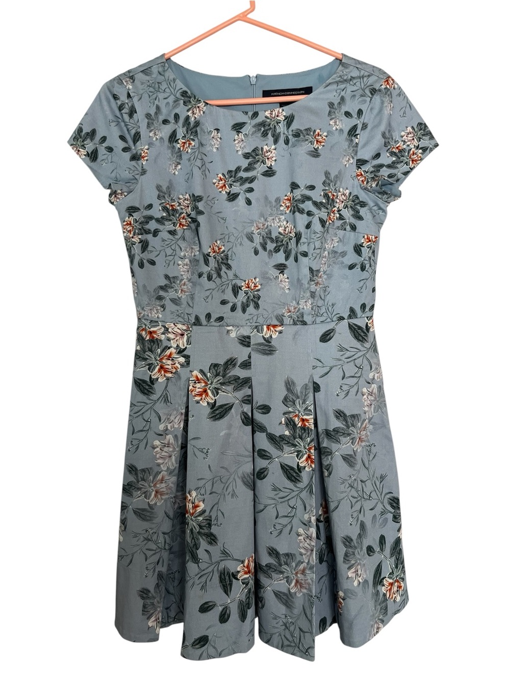 French Connection Sz8 Floral Fit-n-Flare Dress, Dusty Blue,Contrast Hem Interior